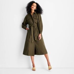 NWT Future Collective Women's Dress Belted Pockets Green Cozy Shirtdress Size S
